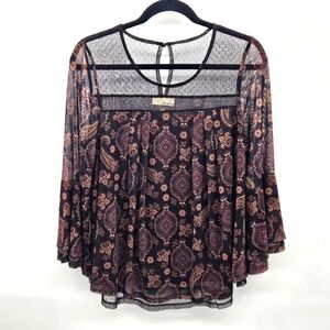 Tru Self Boho Black &‎ Brown Multicolor Mesh Paisley Bell Sleeves Top Medium